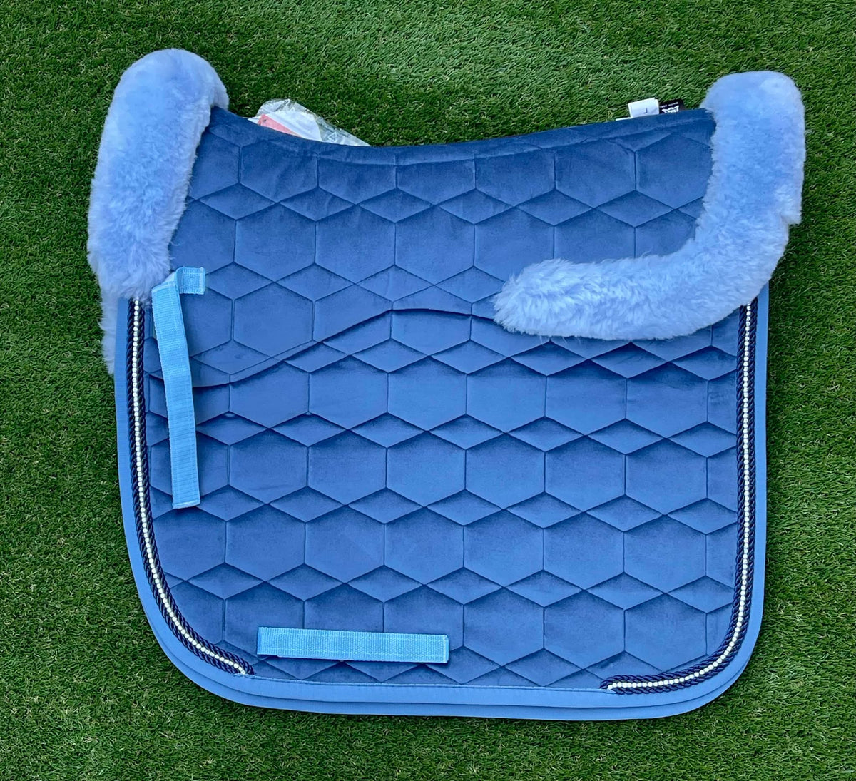 E.A. Mattes Dressage Square Saddle Pad Large / Cornet Blue w/ Full Sheepskin &amp; Crystal Piping