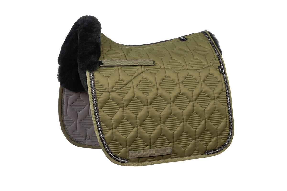 E.A.Mattes SS 25 Crystal Piping Quilt Sheen Olive Saddle Pad / Sheepskin Top Front &amp; Semi Lined