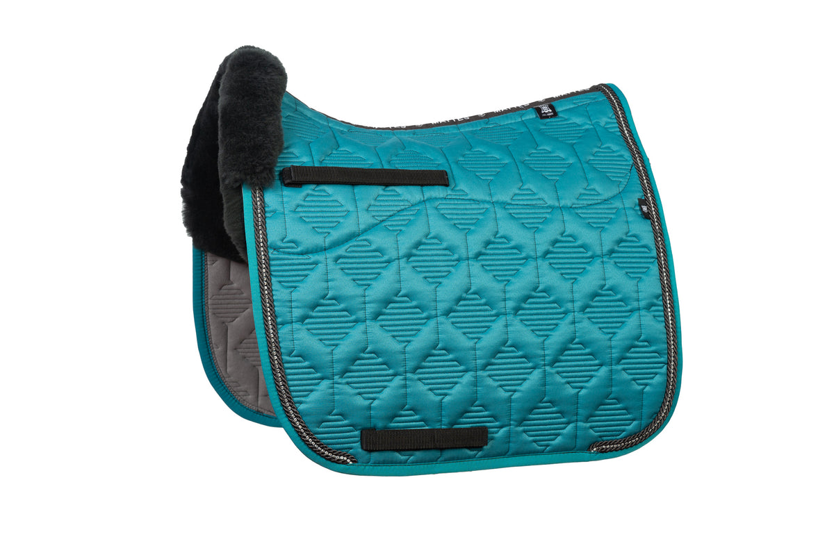 E.A.Mattes SS 25 Crystal Piping Quilt Sheen Teal Saddle Pad / Sheepskin Top Front &amp; Semi Lined