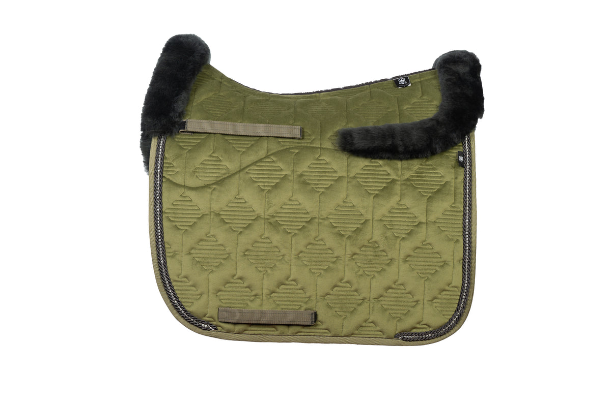 E.A.Mattes SS 25 Crystal Piping Velvet Olive Saddle Pad / Sheepskin Top Front/Rear &amp; Semi Lined