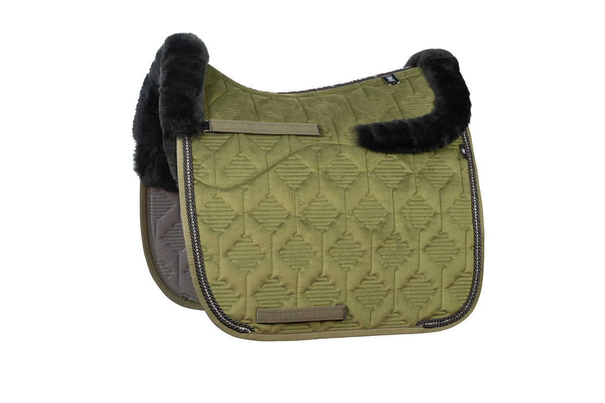E.A.Mattes SS 25 Crystal Piping Velvet Olive Saddle Pad / Sheepskin Top Front/Rear &amp; Semi Lined