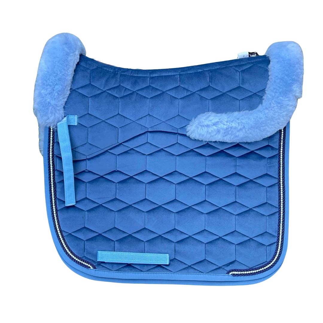 E.A. Mattes Dressage Square Saddle Pad Large / Cornet Blue w/ Full Sheepskin &amp; Crystal Piping