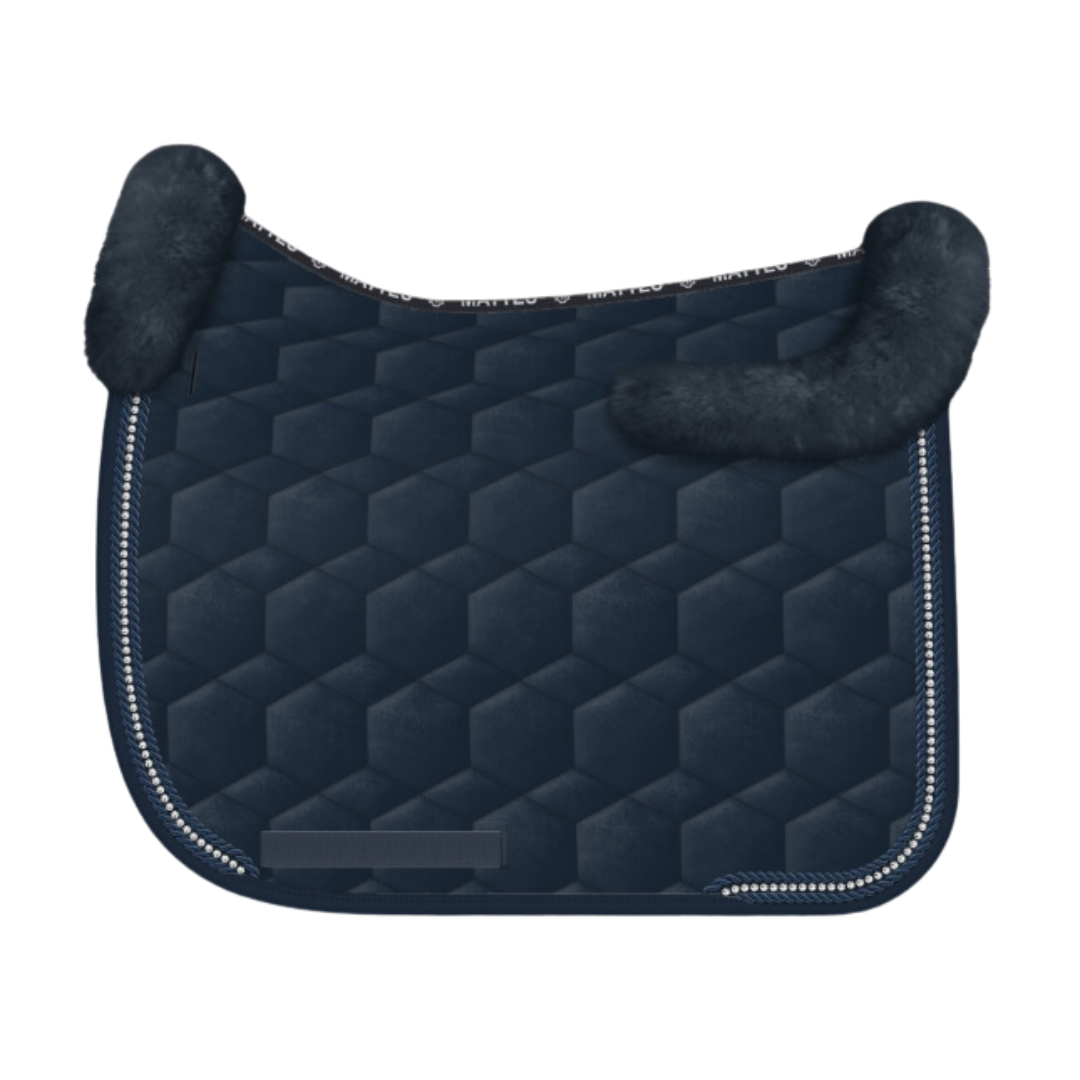 E.A. Mattes Dressage Square Saddle Pad Large / Navy Velvet / Crystal Piping w/ Top Sheepskin