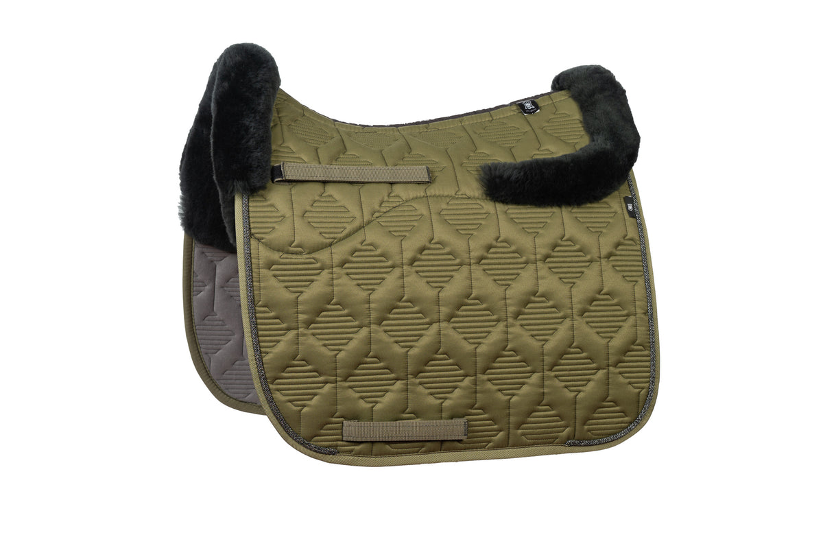 E.A.Mattes SS 25 Woven Piping Quilt Sheen Olive Saddle Pad / Sheepskin Top Front/Rear &amp; Semi Lined