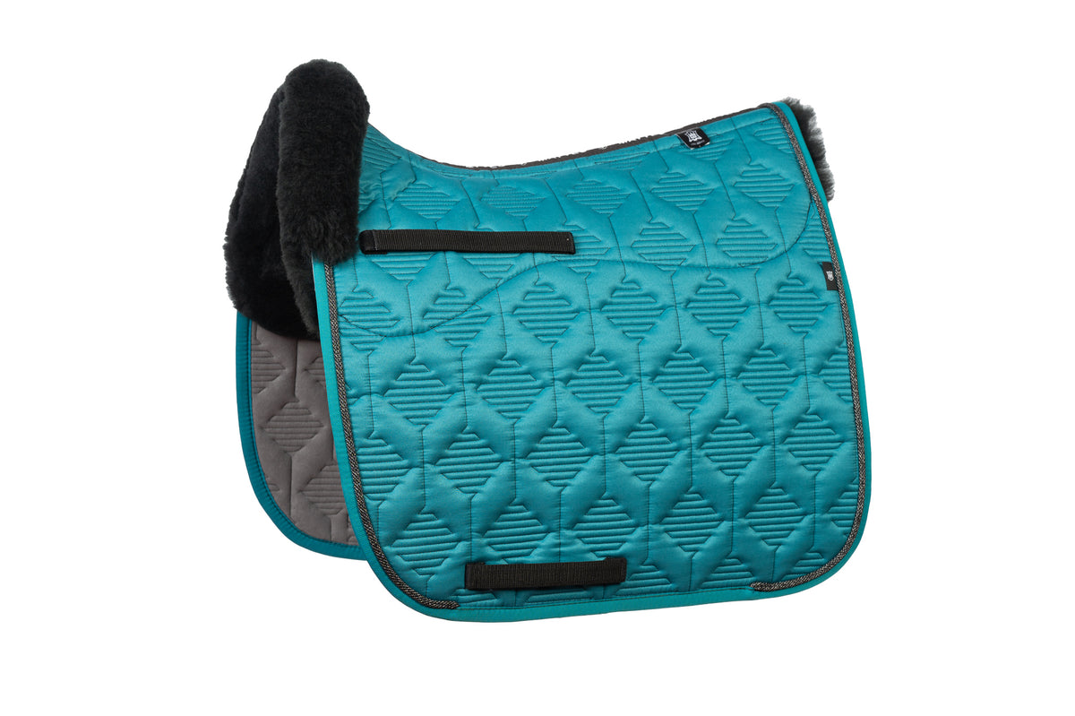 E.A.Mattes SS 25 Woven Piping Quilt Sheen Teal Saddle Pad / Sheepskin Top Front &amp; Semi Lined