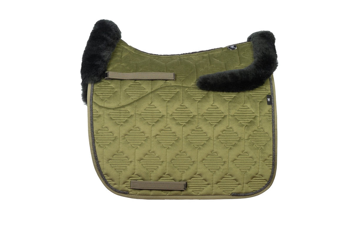 E.A.Mattes SS 25 Woven Piping Velvet Olive Saddle Pad / Sheepskin Top Front/Rear &amp; Semi Lined