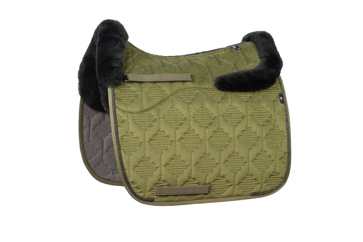 E.A.Mattes SS 25 Woven Piping Velvet Olive Saddle Pad / Sheepskin Top Front/Rear &amp; Semi Lined